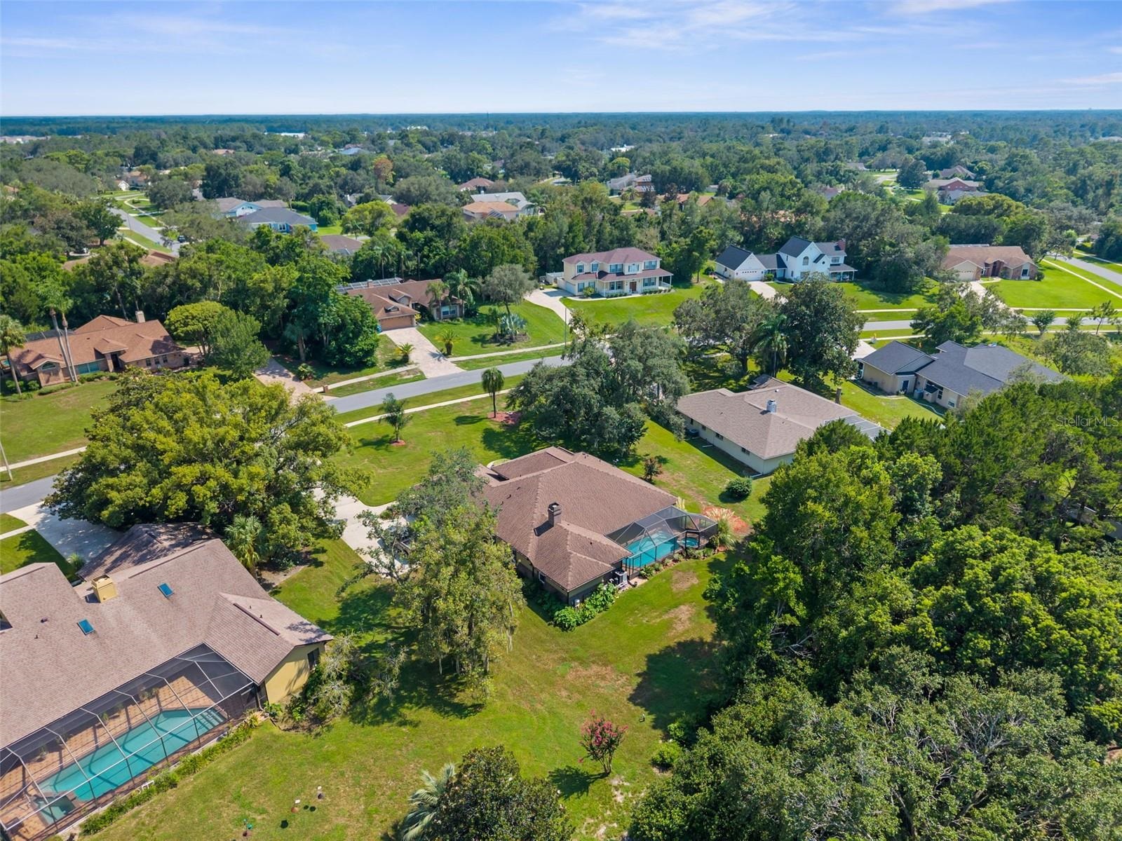 Aerial view of East Linden Estates neighborhood homes and tree-lined lots in Spring Hill, Florida